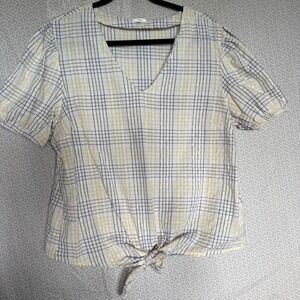 T Rose Yellow Plaid Tie Front Short Sleeve V Neck Blouse Women's Size L